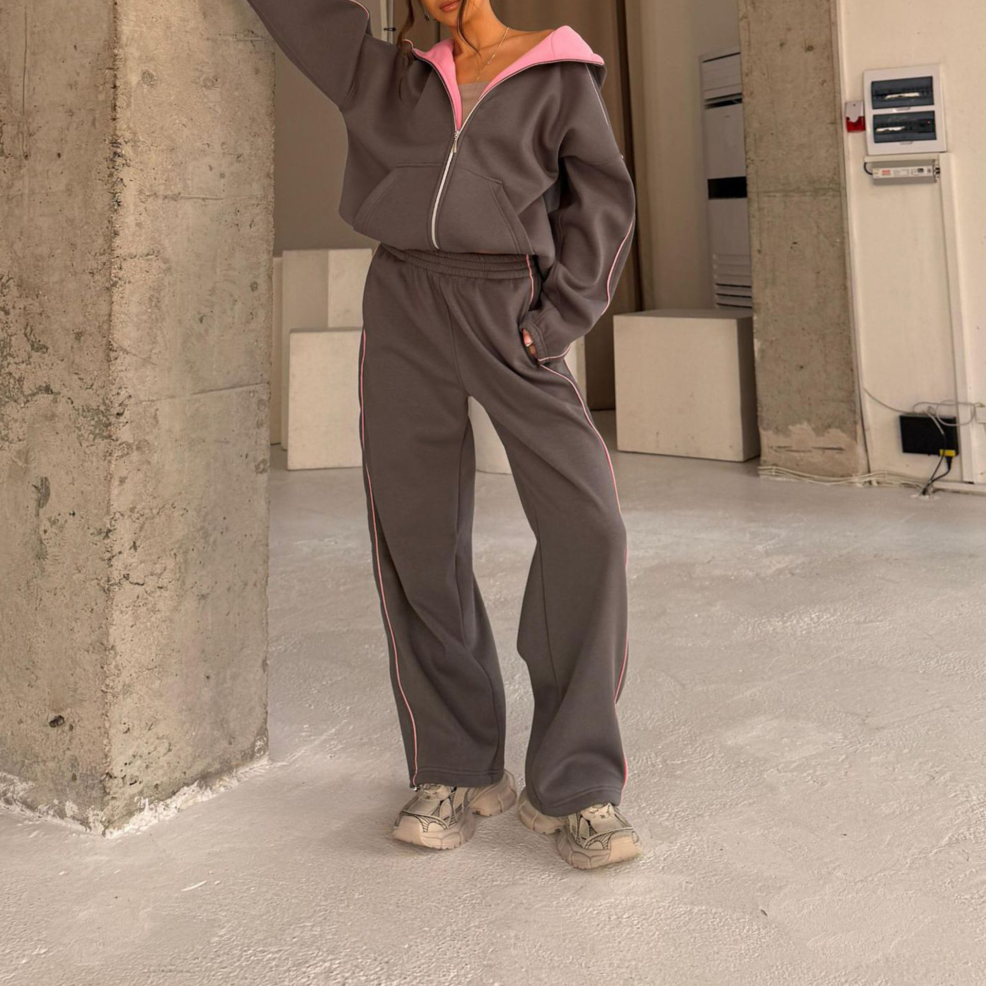 Women's Solid Color Hoodie & Wide-Leg Pants Set Casual Two-Piece