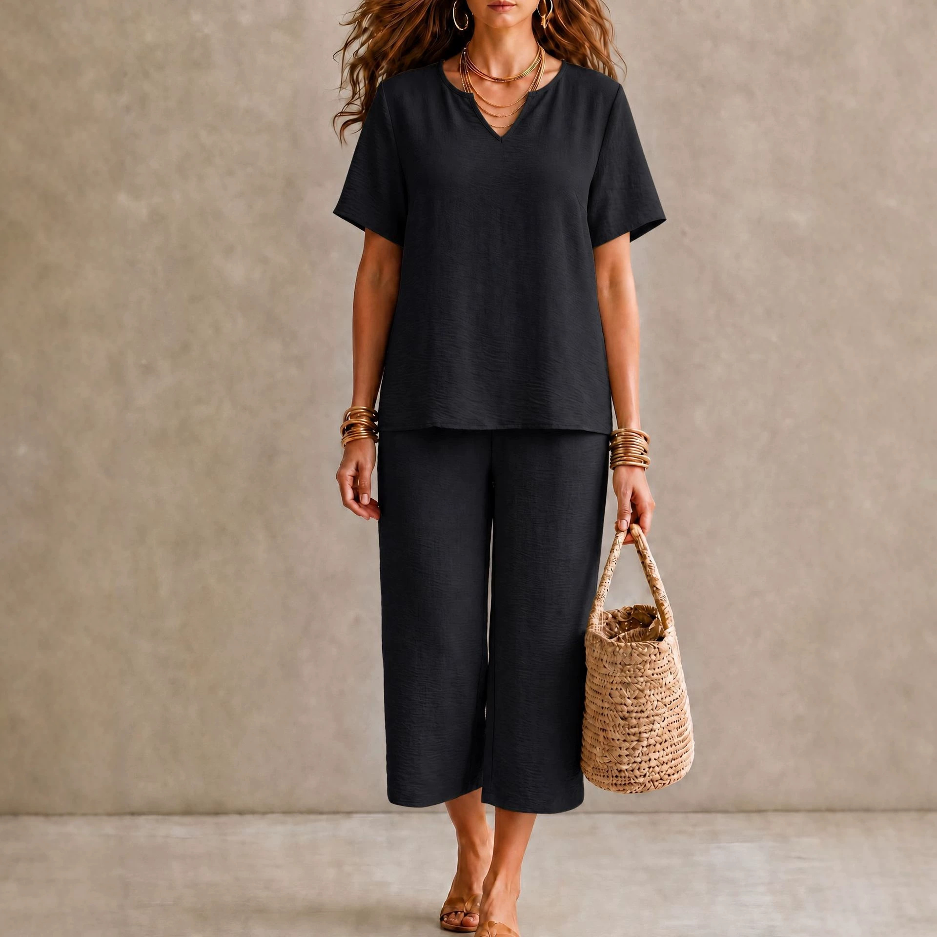 Women's Solid V-Neck Short Sleeve Shirt & Wide-Leg Pants Set with Elastic Waist