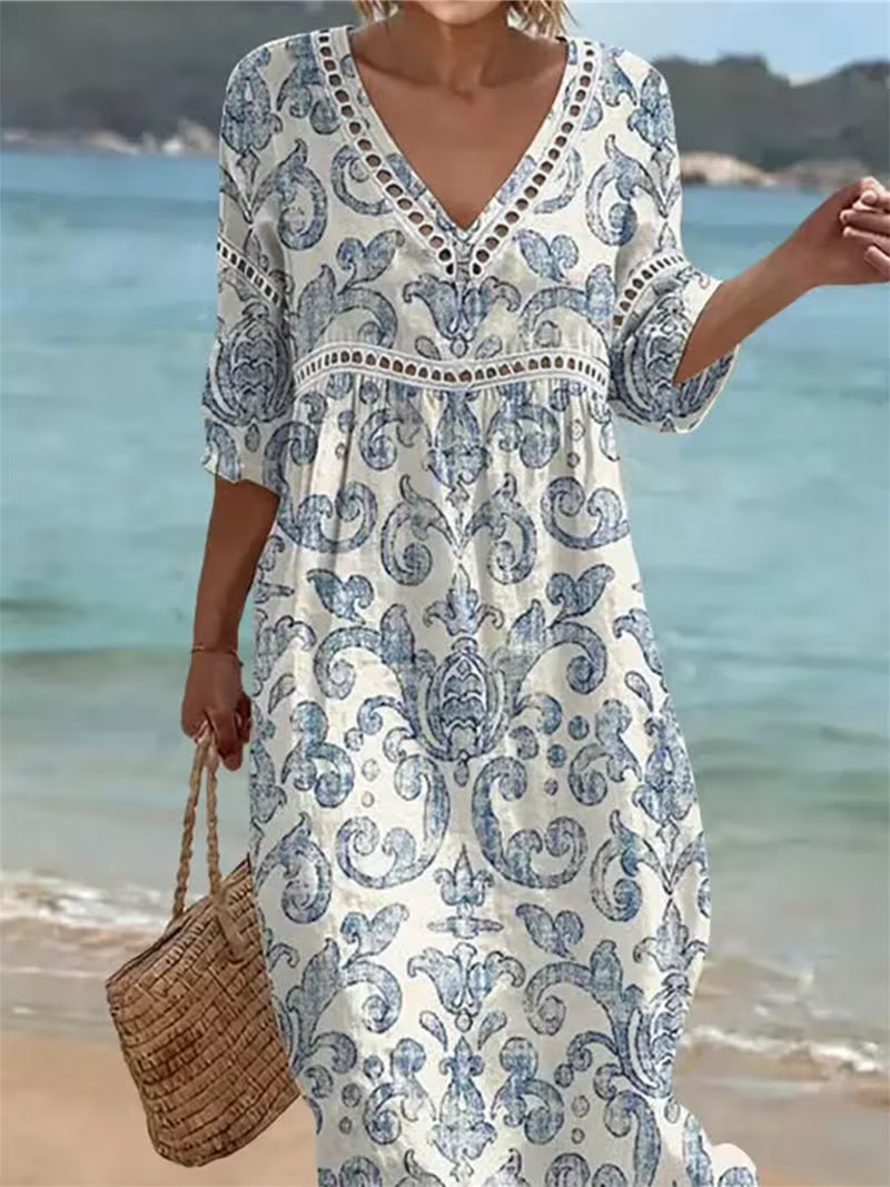 Women's Floral Print Pleated Midi Dress with Deep V-Neck and Five-Quarter Sleeves