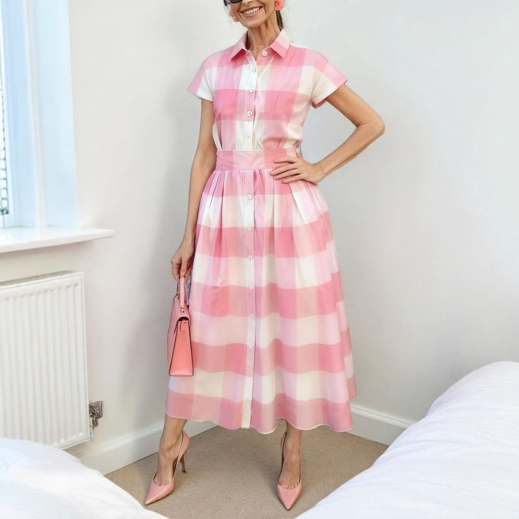 Pink Plaid Print Short Sleeve A-Line Midi Dress