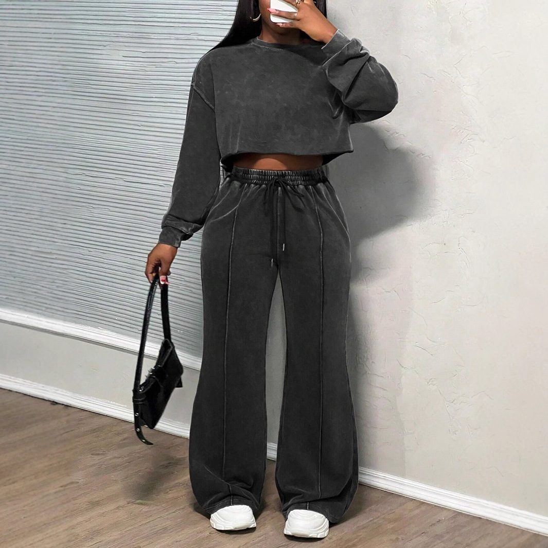Women's Long-Sleeve Washed Zip-Up Sweatsuit Set