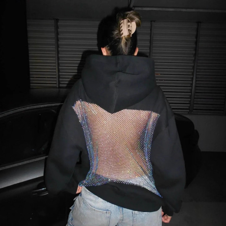 Women's Solid Color Open Back Cutout Mesh Hoodie Sweatshirt