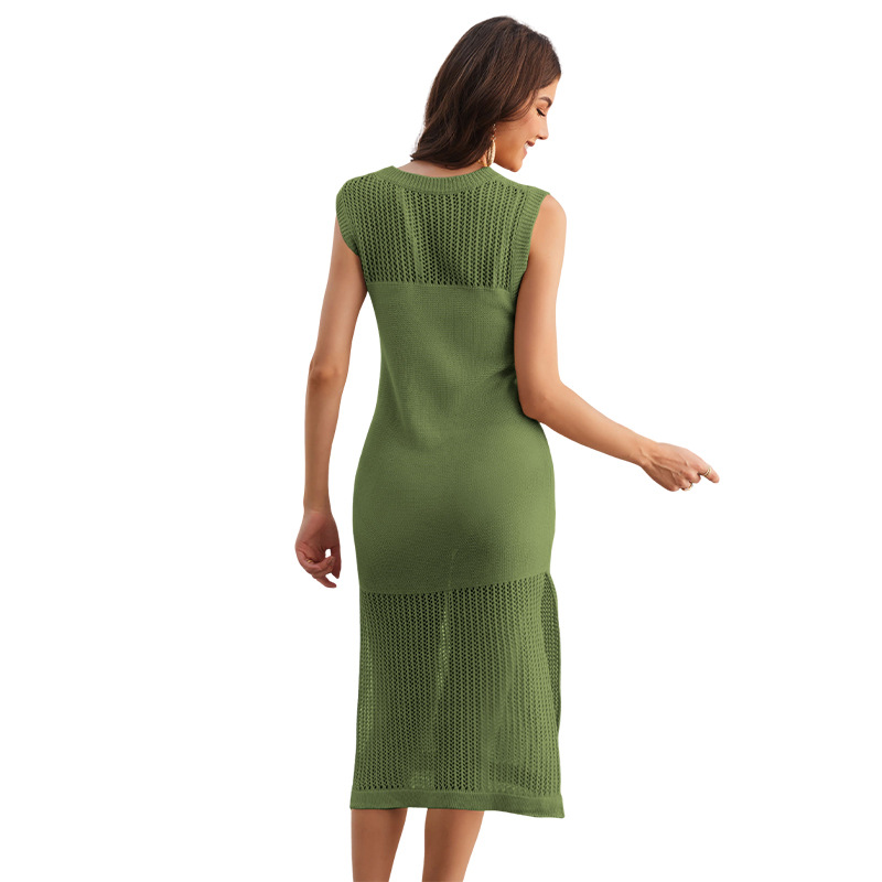 Women's Summer Beach Vacation Dress Solid Knit Sleeveless High Waist A-Line Midi