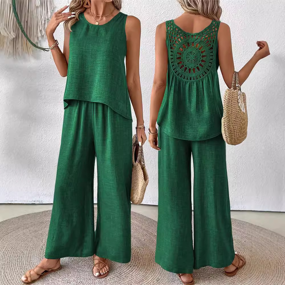 Women's Two-Piece Sleeveless Tank Top and Wide-Leg Pants Set with Hollow-Out Lace Trim
