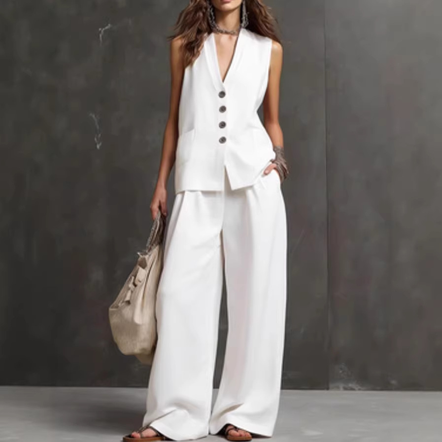 Women's Sleeveless Button Two-Piece Pant Set