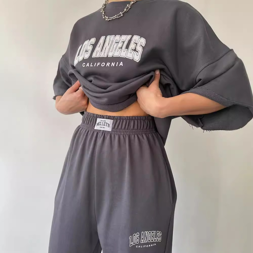 Women's Casual Print Short Sleeve Sweatshirt and Pants Two-Piece Set