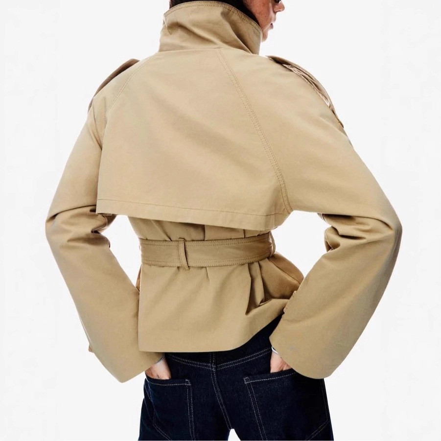 Women's Stand Collar Double-Breasted Belted Trench Coat