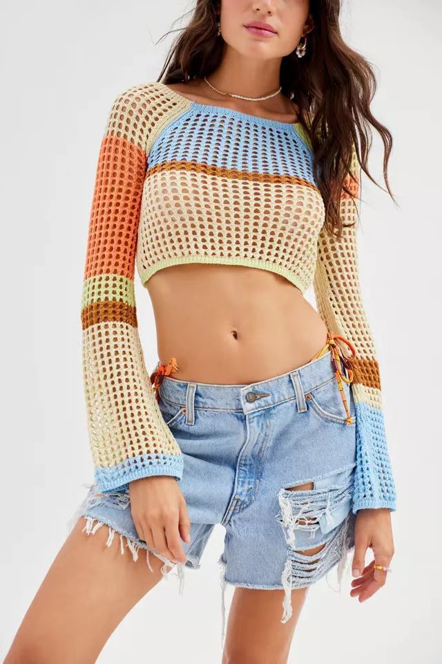 Women's Color-Block Hollow-Out Long-Sleeve Cropped Knit Top