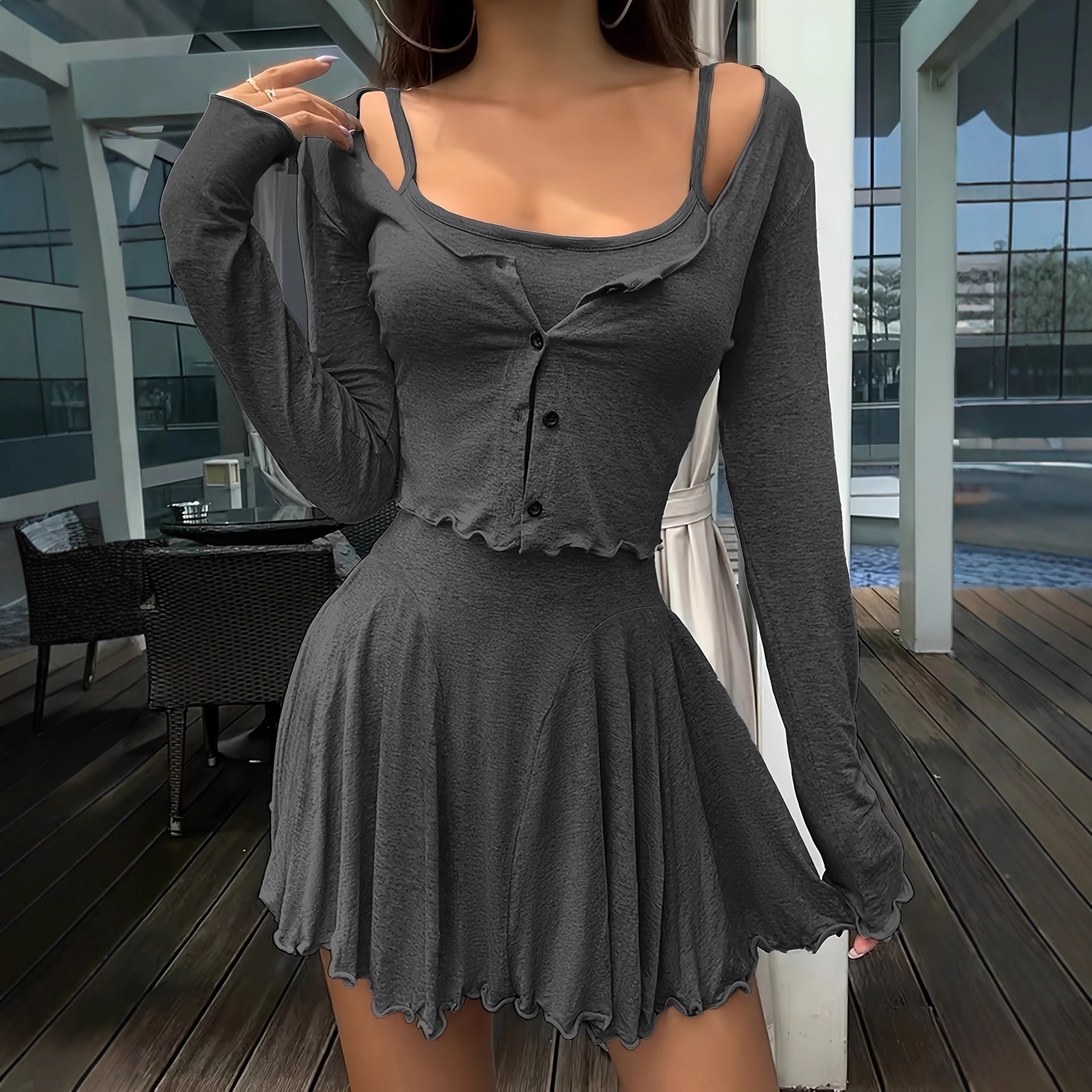 Sweet & Spicy Two-Piece Set: Open-Front Cardigan & Cami Dress