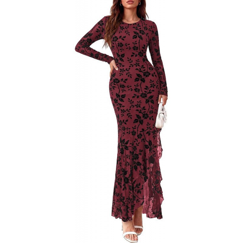 Slim-Fit Long-Sleeve Crewneck High-Waist Maxi Dress with Side Slit and Asymmetric Hem