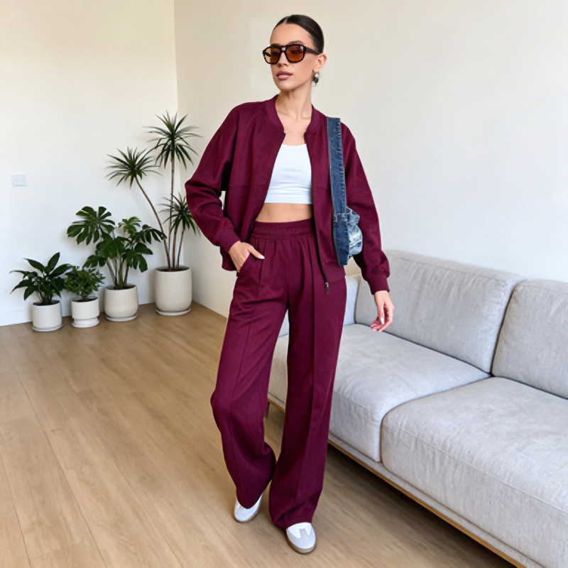 Women's Faux Suede Zip Cardigan & Elastic Waist Pants Set