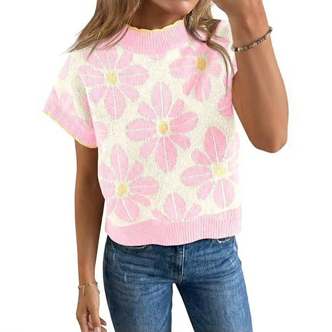 Women's Floral Knit Short Sleeve Sweater Vintage Crew Neck Loose Summer Pullover