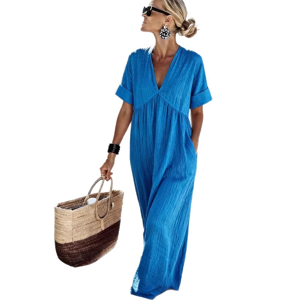 Women's V-Neck Short Sleeve Solid Color Cotton Linen Maxi Dress