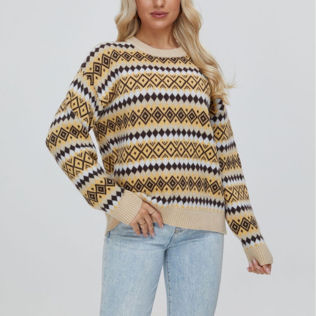 Retro Diamond Argyle Knit Jacquard Plaid Sweater Women's Long Sleeve Pullover