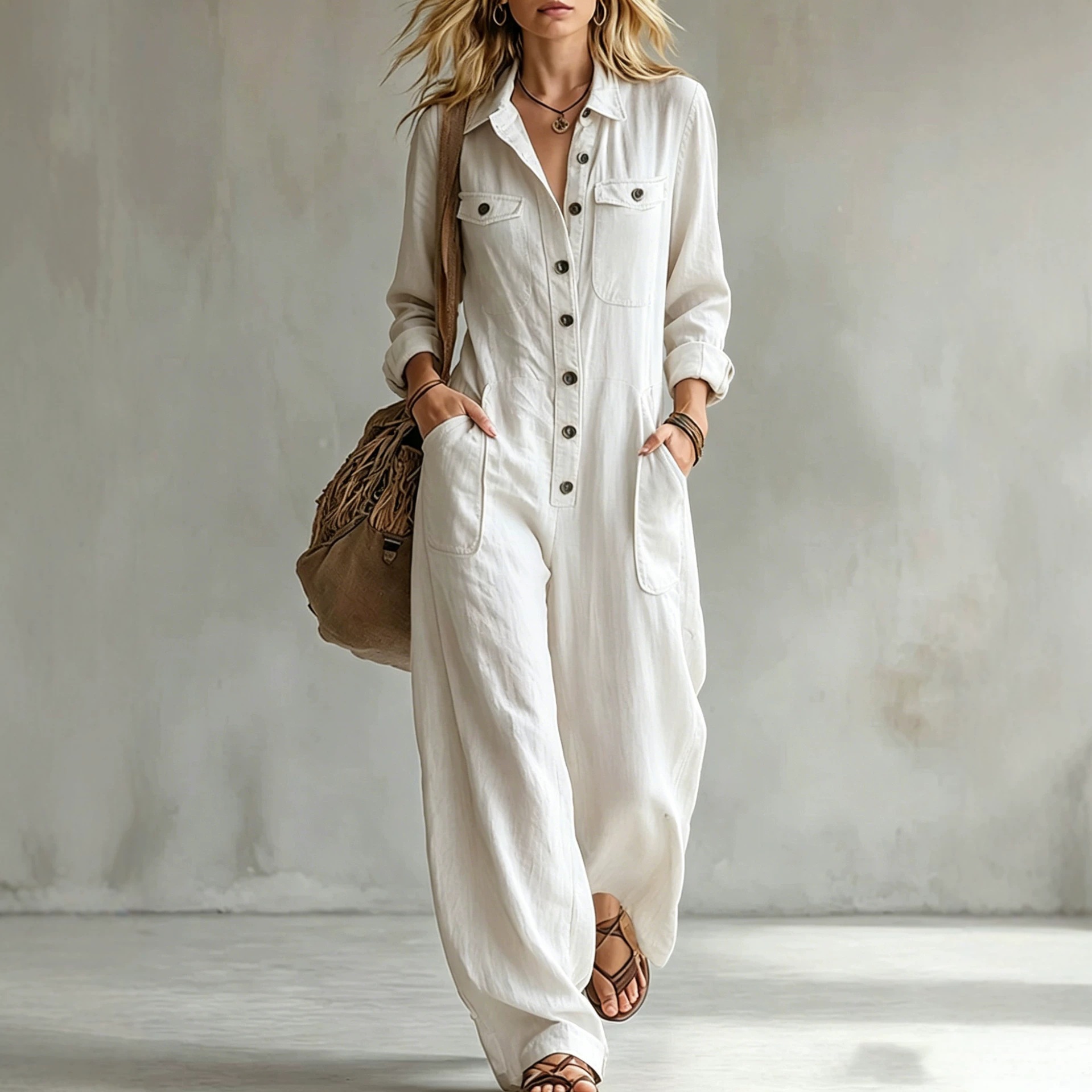 Women's Linen-Blend Cargo Jumpsuit with Collar, Long Sleeve, Wide Leg, Loose Fit