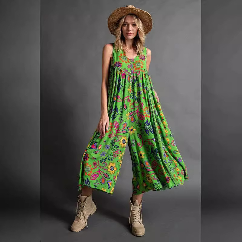 Retro Floral Print Loose Sleeveless Jumpsuit