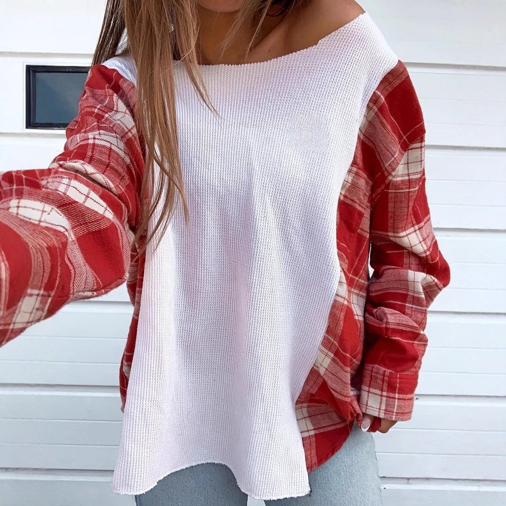 Women's Color-Block One-Shoulder Long-Sleeve Loose Knit Top