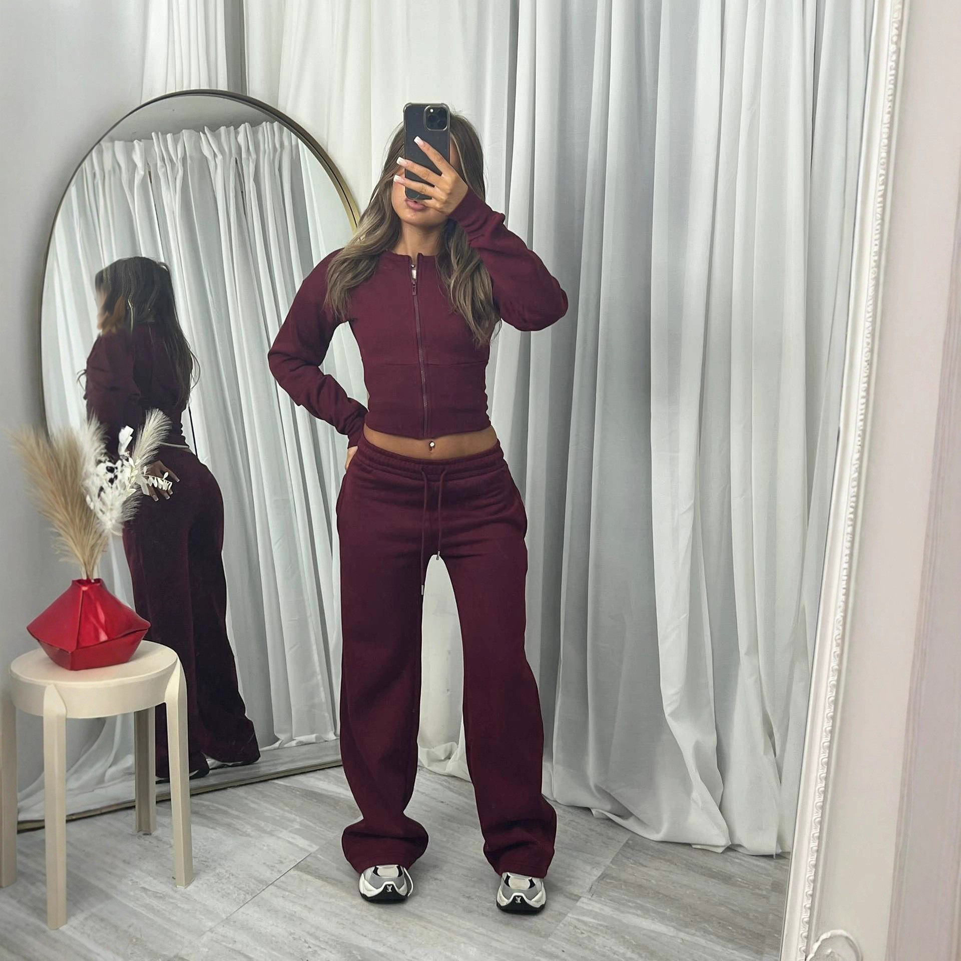 Women's Solid Color Zip Cardigan & Elastic Waist Pants Set Casual Knit