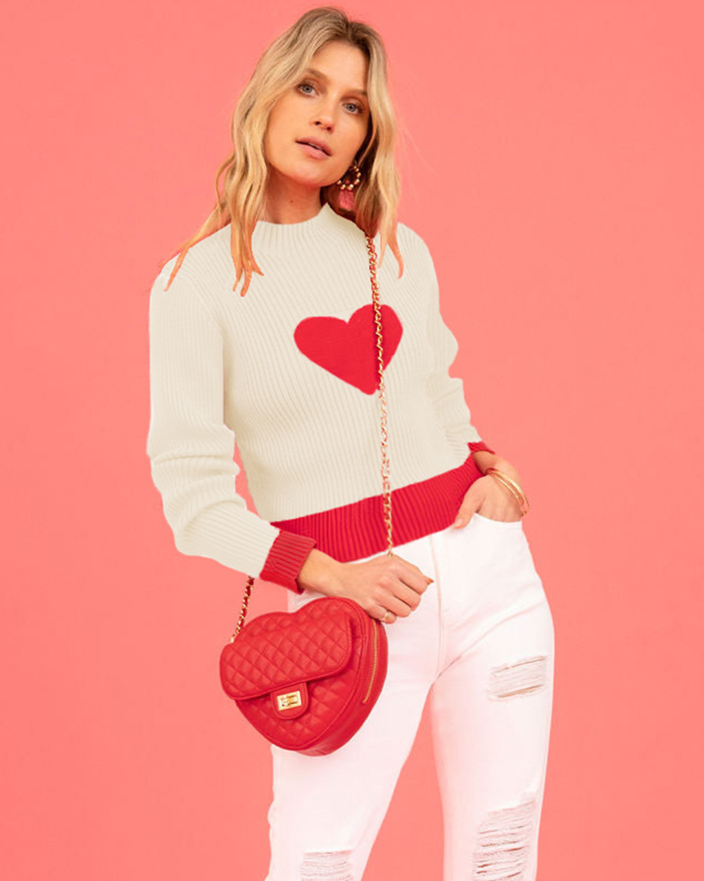 Heart Pattern Crewneck Pullover Knit Sweater