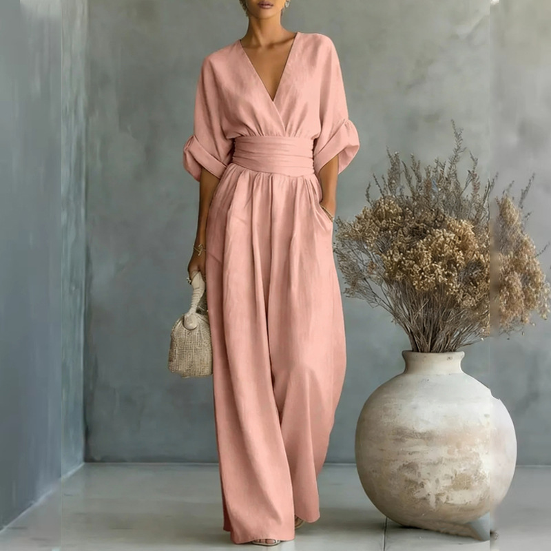 Women's Solid V-Neck Slim Waist Wide-Leg Jumpsuit