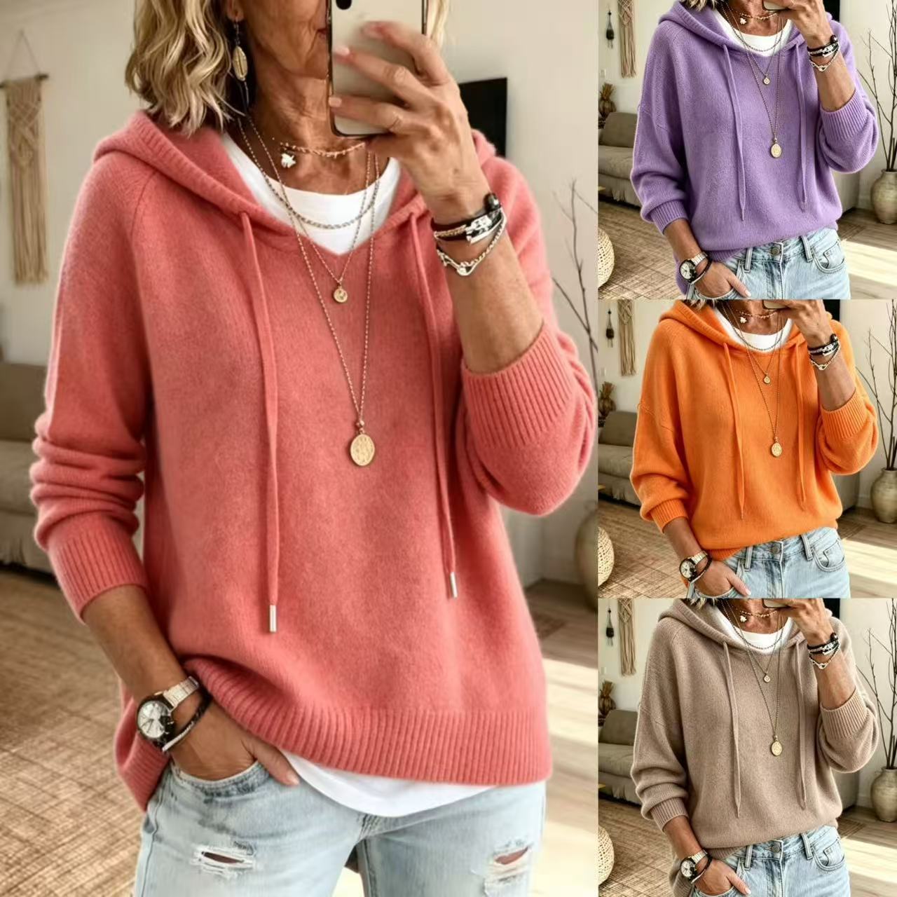 Women's Knit Hooded Drawstring Sweater Loose Pullover