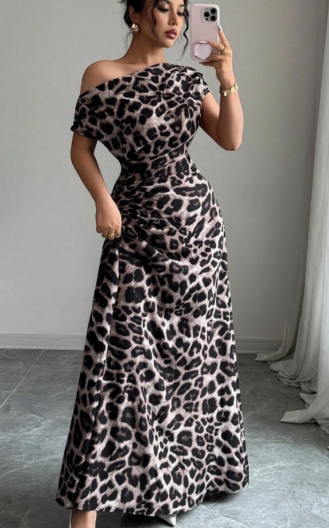Printed One-Shoulder Bodycon Midi Dress with Pleated Details