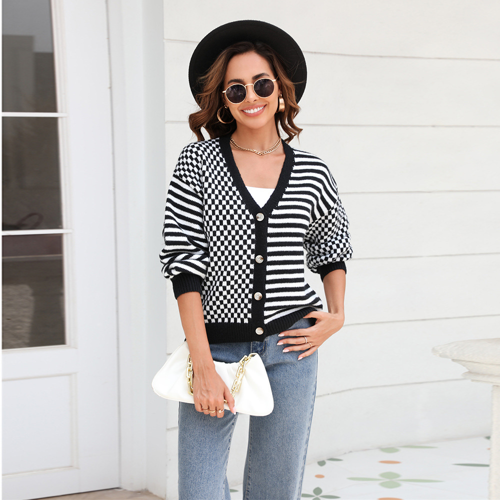 Plaid Striped Color-Block Knit Cardigan Sweater