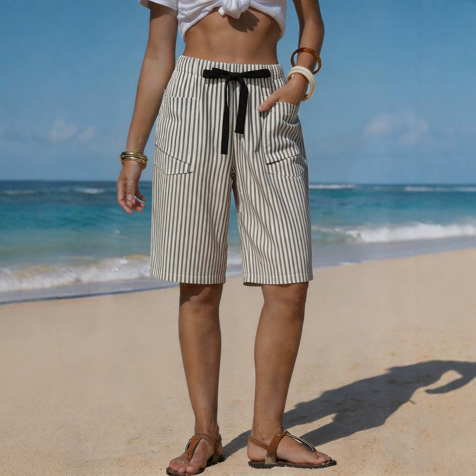 Faux Linen Striped Women's Casual Shorts with Belt and Pockets