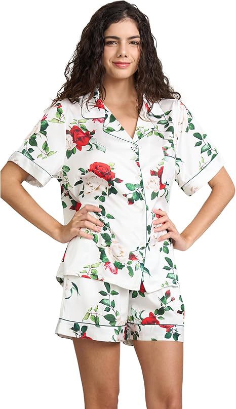 Women's Cuban Collar Satin Striped Print Short Sleeve Shirt Set