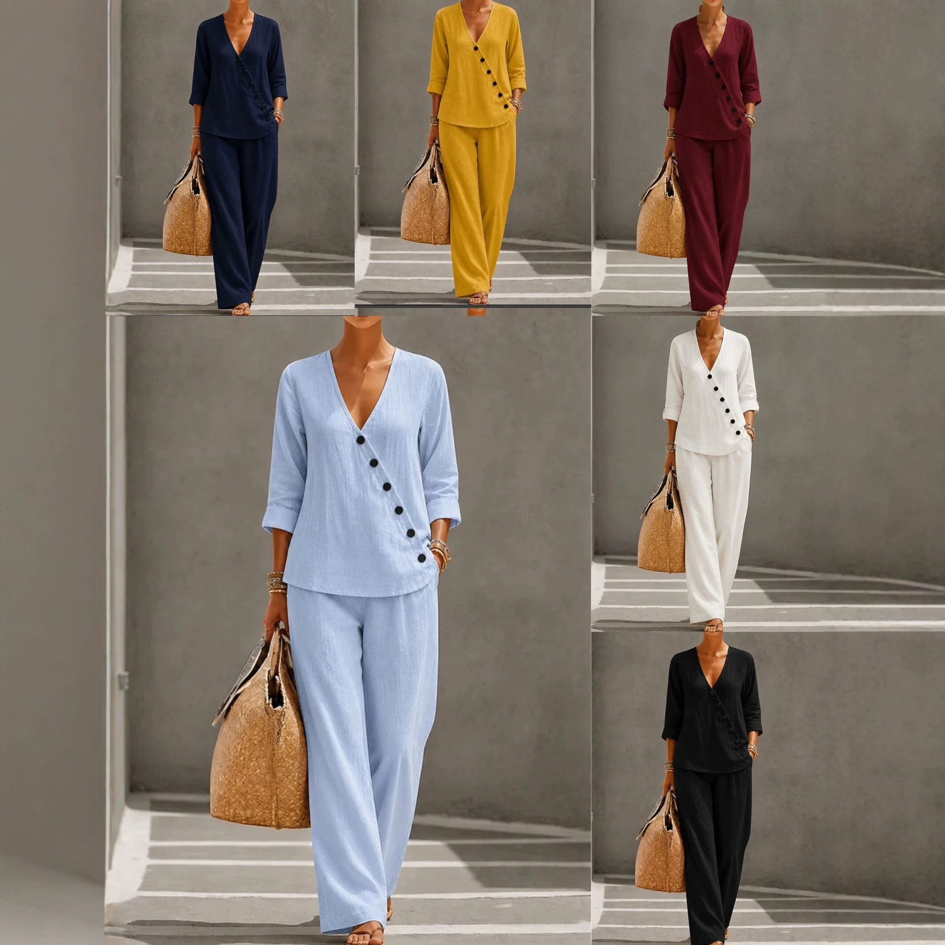 Women's Solid Color Button Top and Straight-Leg Pants Set