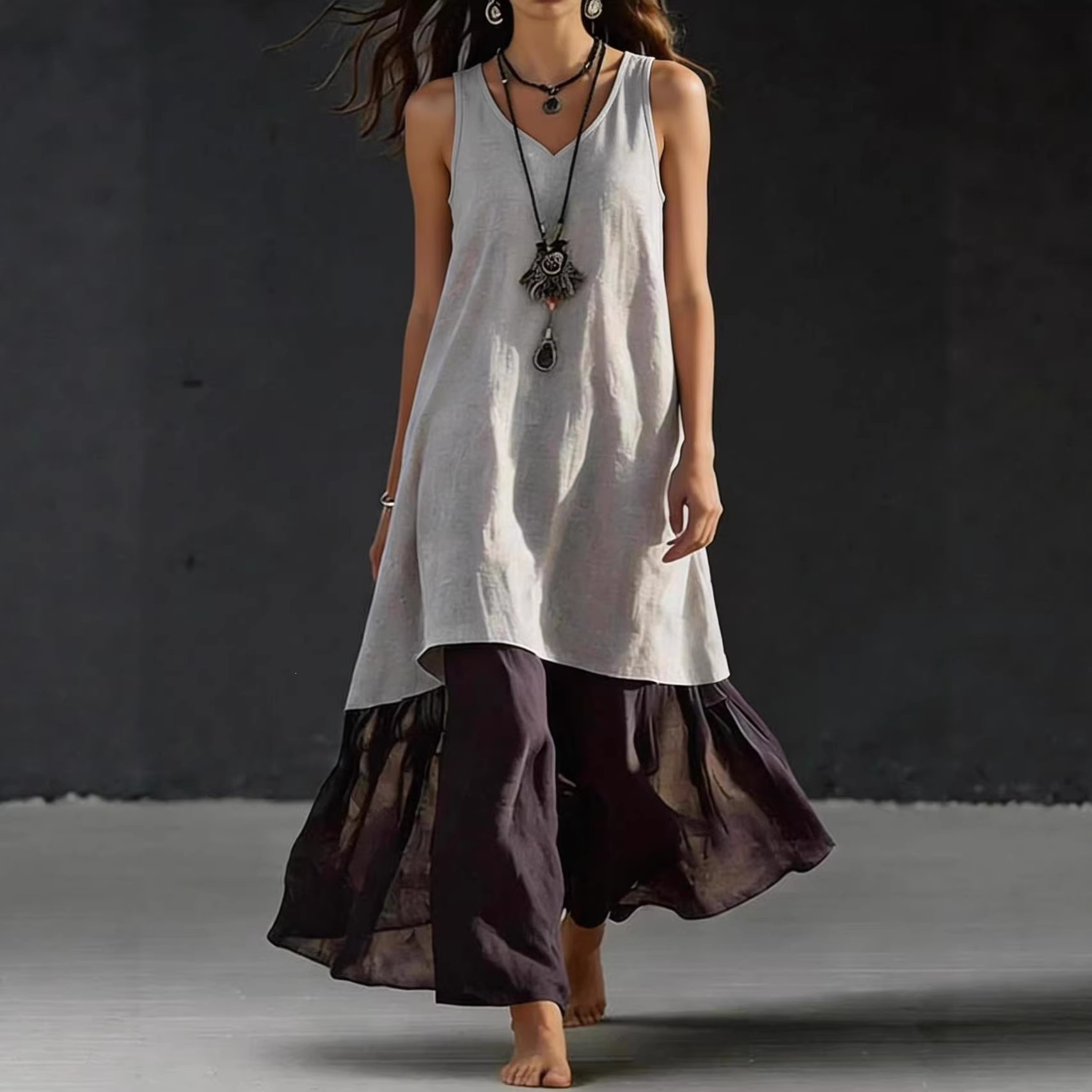 Solid Color Sleeveless V-Neck A-Line Maxi Dress