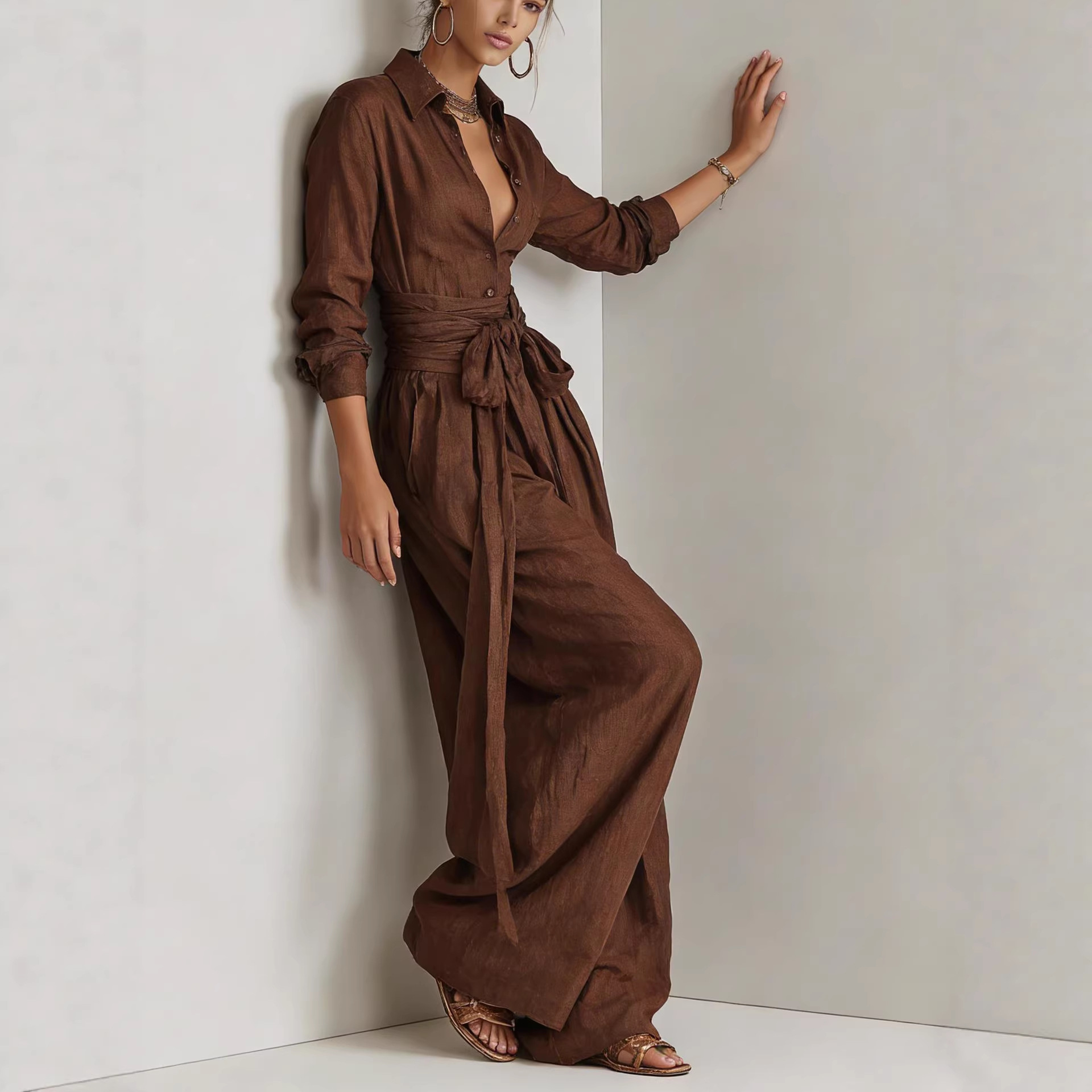 Women's Solid Color Collared Top and High-Waist Pants Two-Piece Set
