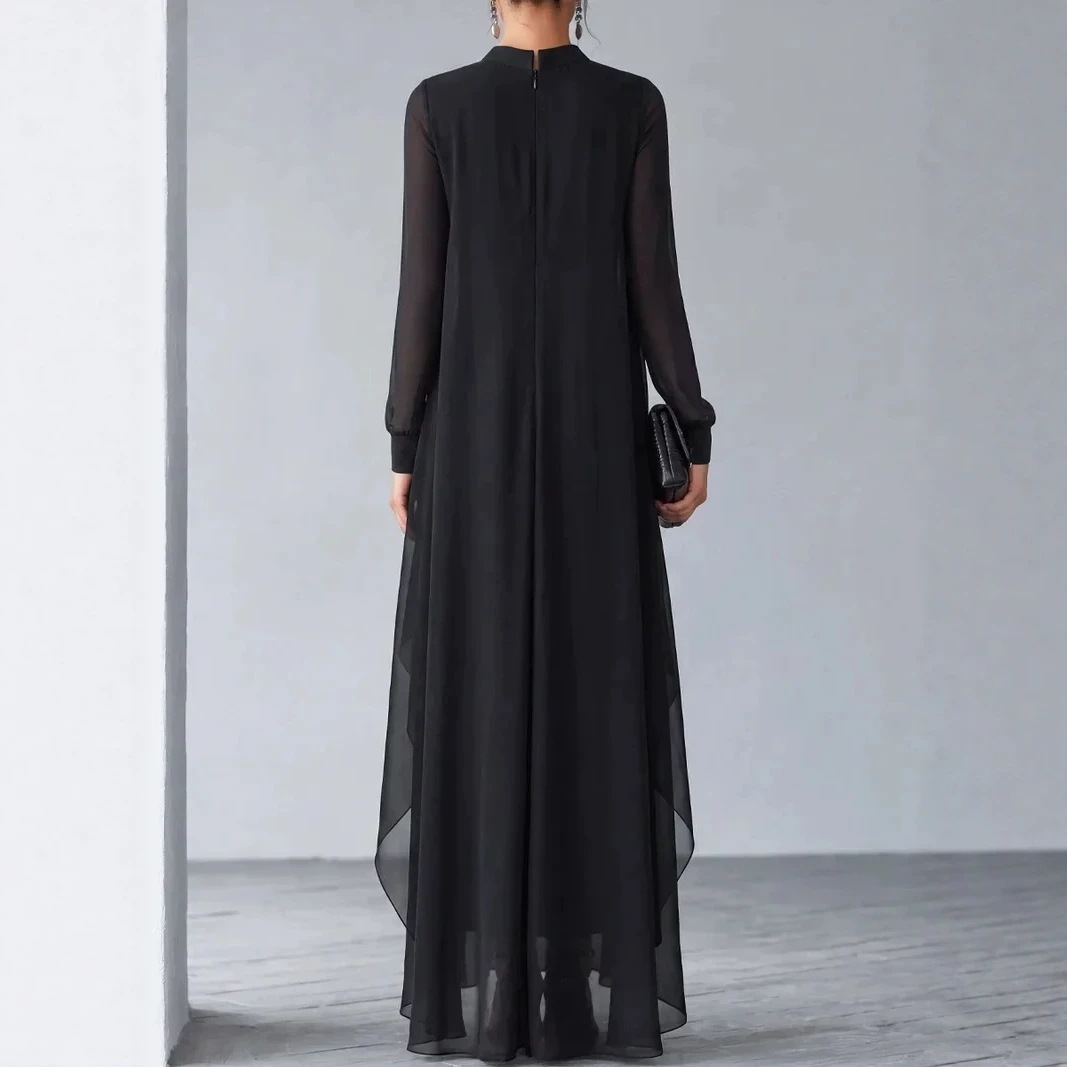 Black Stand Collar Chiffon Faux Two-Piece Long Dress with Ruffle Trim