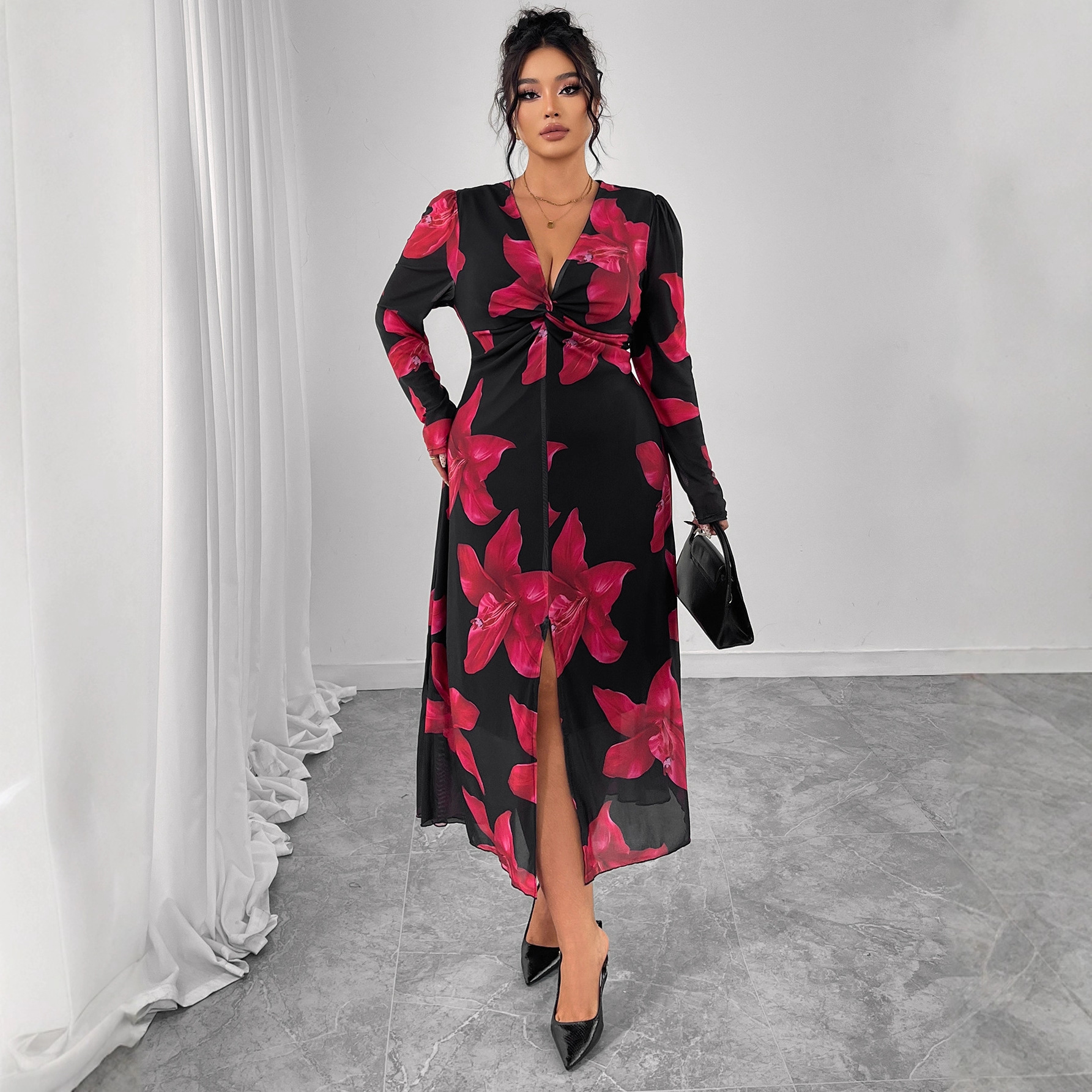 Floral V-Neck High-Waist Long Dress