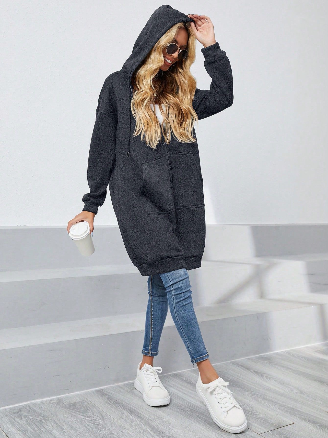 Women's Zip-Up Hooded Cardigan Sweatshirt Jacket with Pockets, Mid-Long Loose Fit