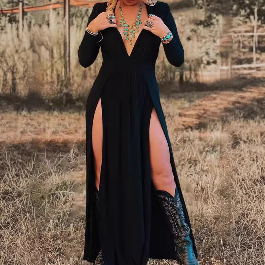 Long Sleeve V-Neck Cutout Solid Maxi Dress