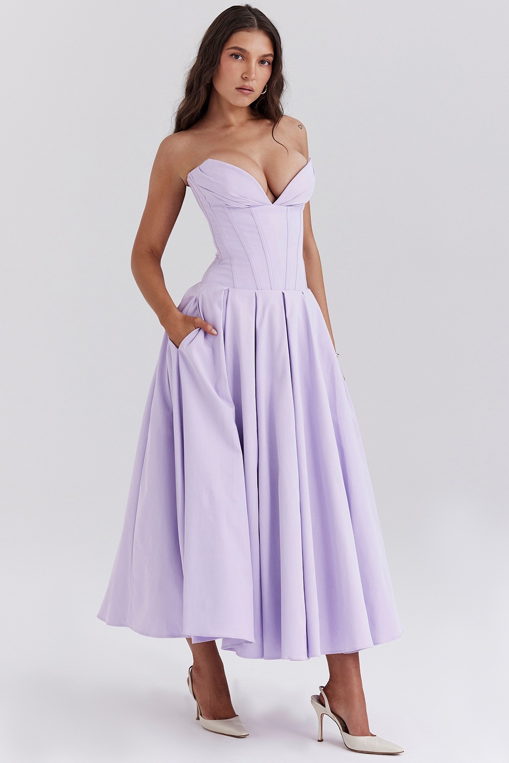 Women's Sleeveless Strapless Midi Dress Solid Color Slim Fit