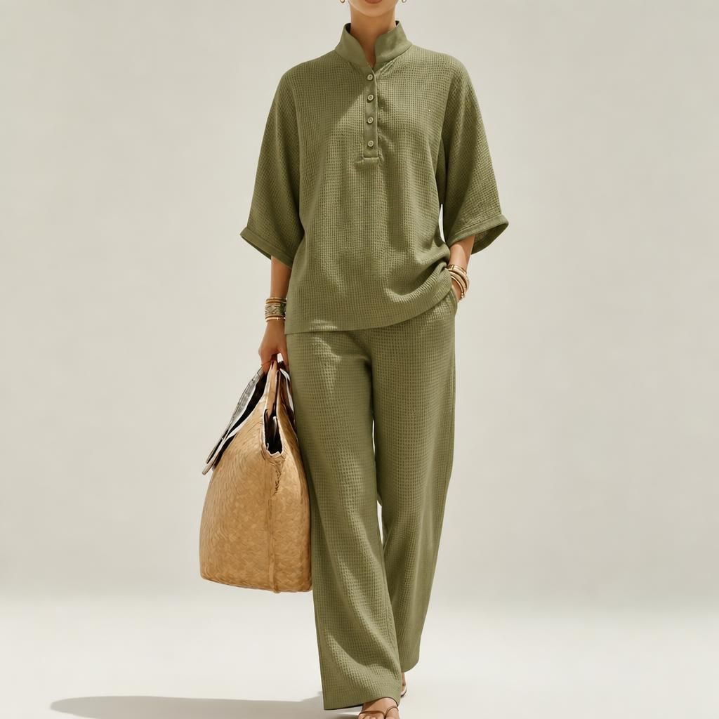 2026 New Casual Loose Stand Collar Set Breathable Waffle Wide-Leg Pants Two-Piece Set European American Best-Seller Women's Clothing