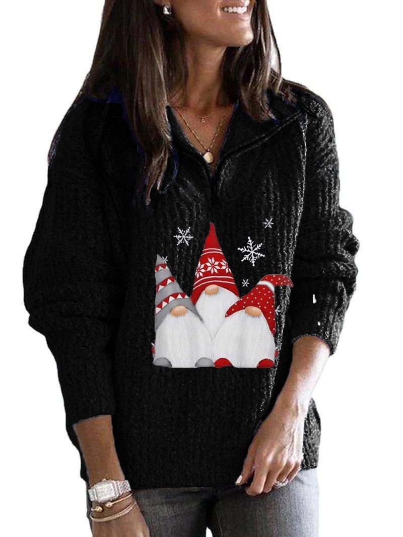Christmas Santa Print Zip-Up Long-Sleeve Knit Sweater for Women
