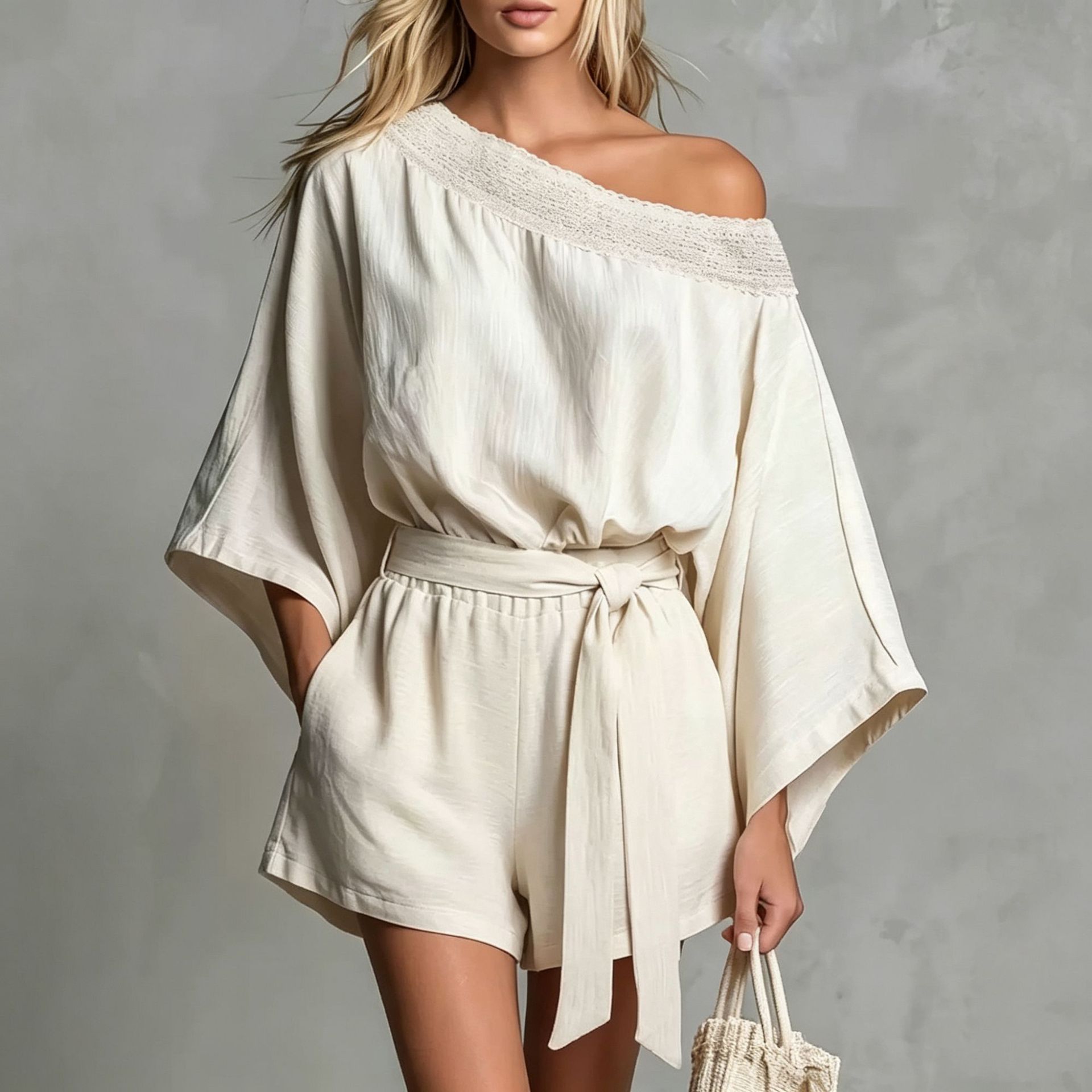 Solid One-Shoulder Long-Sleeve Top and Shorts Two-Piece Set