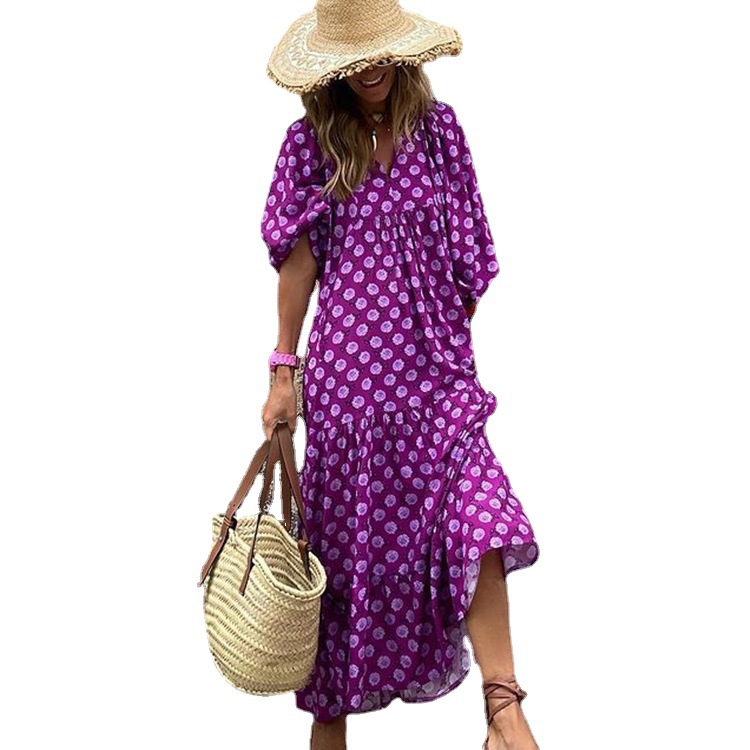 Geometric Print Puff Sleeve Maxi Dress with High Waist and Tie Detail