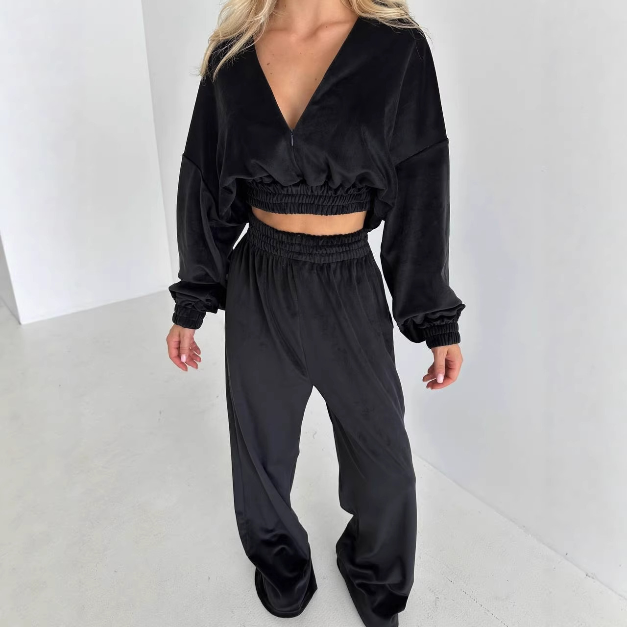 Women's Long Sleeve Zip Cardigan & Wide-Leg Pants Set