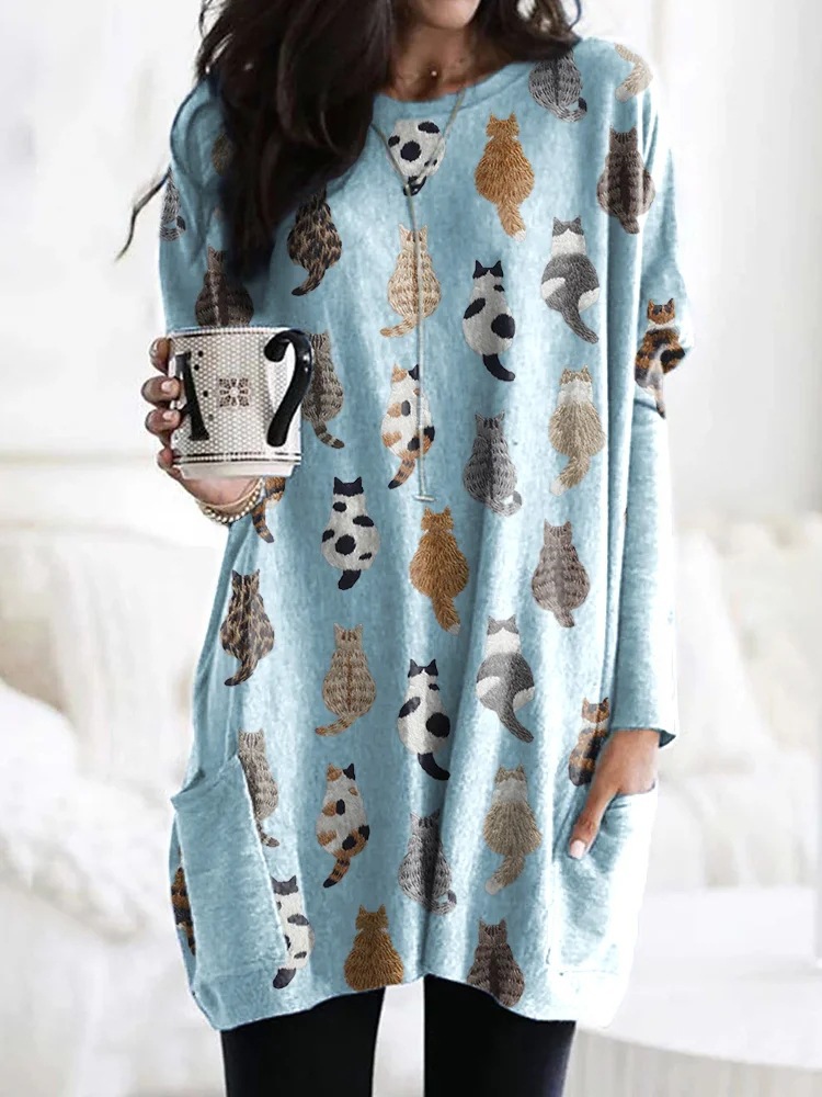 Women's Animal Print A-Line Midi Dress Long Sleeve Crew Neck Casual