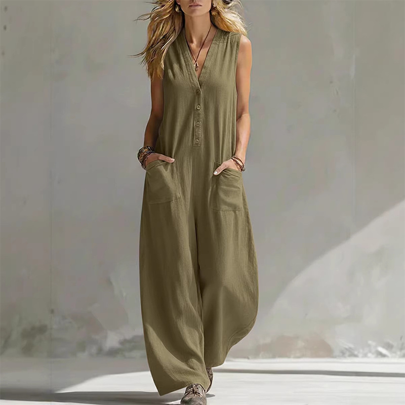 Women's Sleeveless V-Neck Wide-Leg Jumpsuit Solid Color