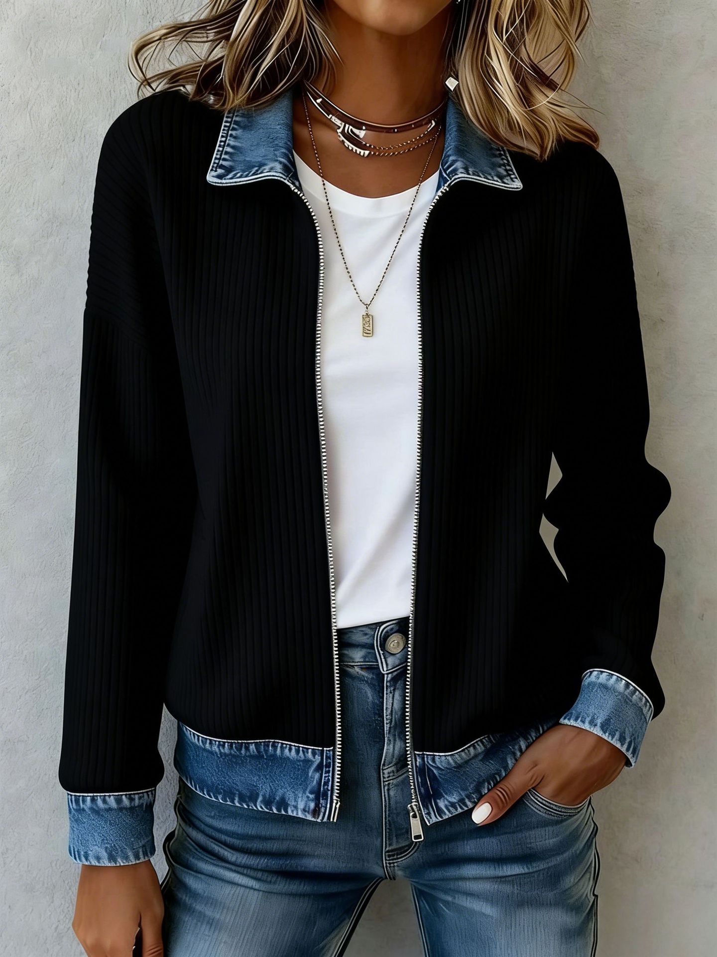 Women's Knit Spliced Denim Shirt Jacket Long Sleeve Open Front