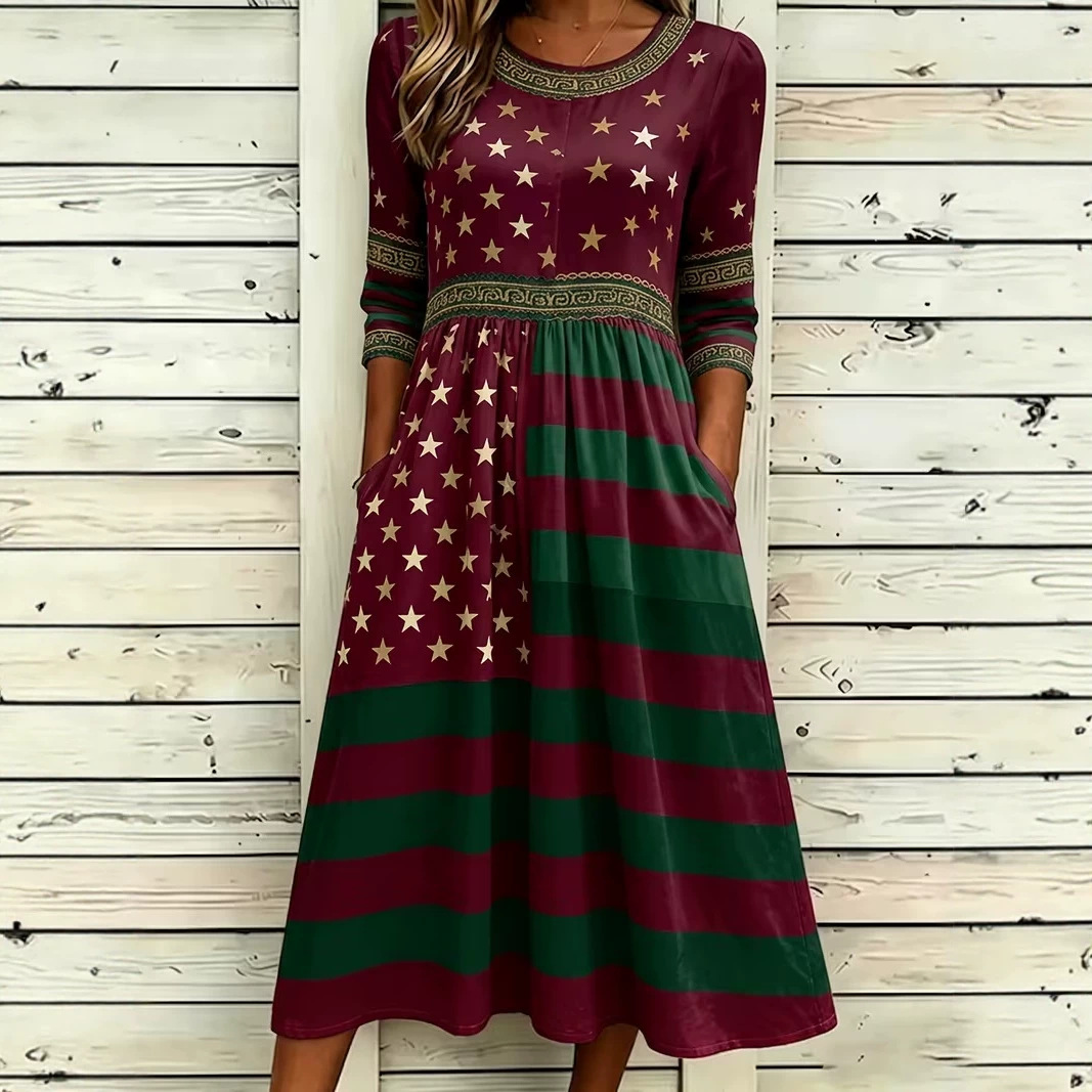 Women's Colorblock Plaid Star Print Ruched Midi Dress