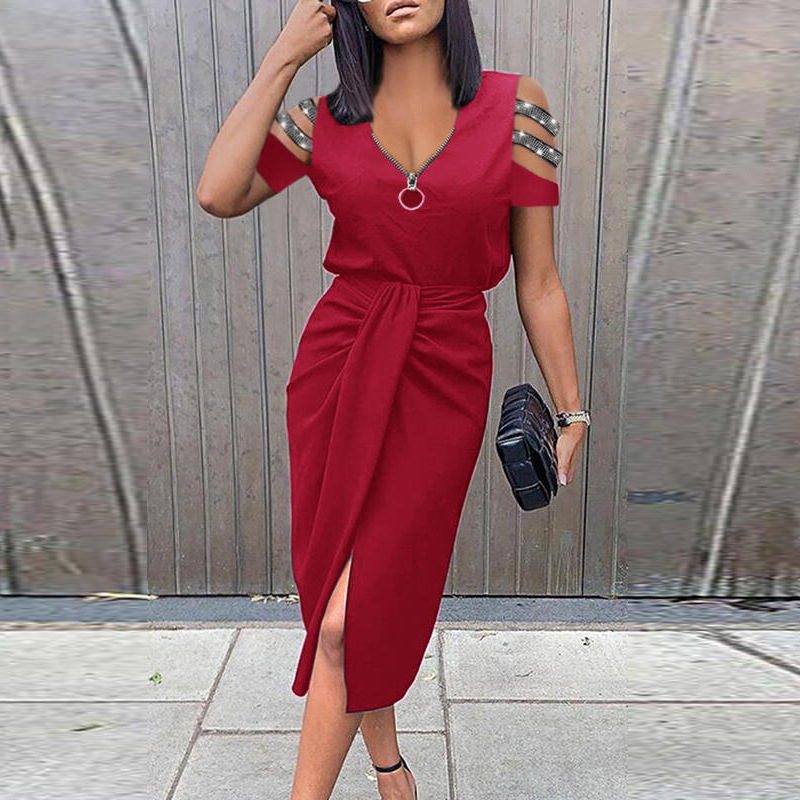 Solid Color Zip-Front Cutout Ruched Short Sleeve V-Neck Midi Dress