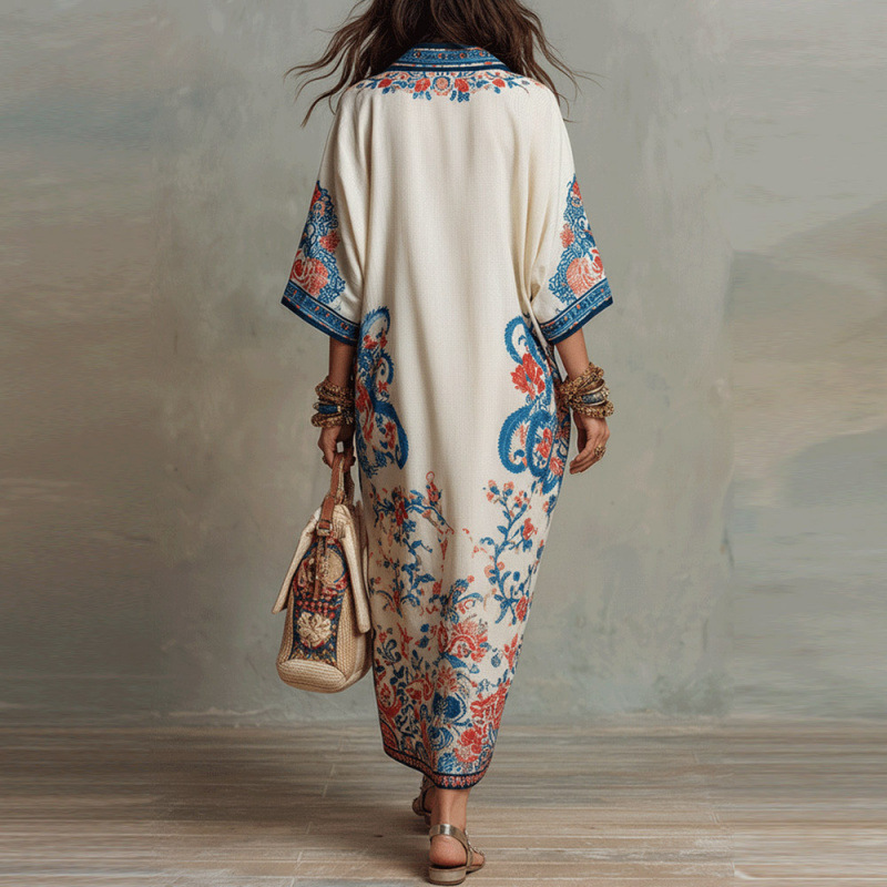 Floral Print V-Neck Kaftan Maxi Dress with Slit and Flared Hem