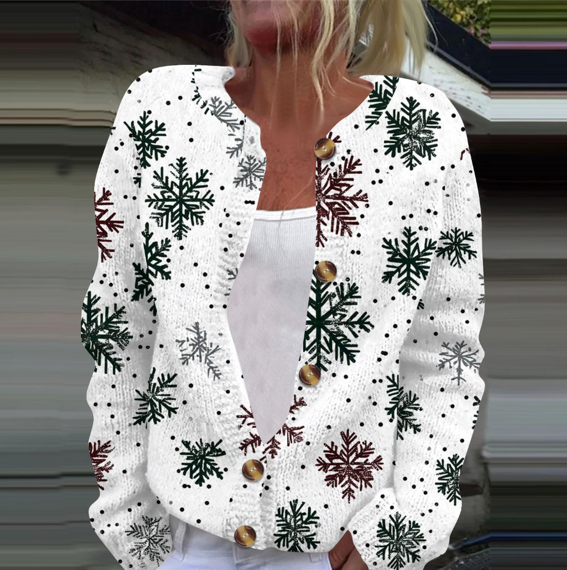 Women's Christmas Snowflake Reindeer Print Button Cardigan Sweater