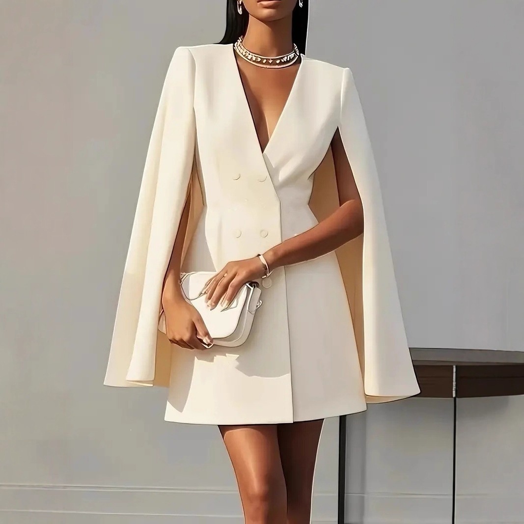Women's Double-Breasted Cape Blazer Dress Solid Color